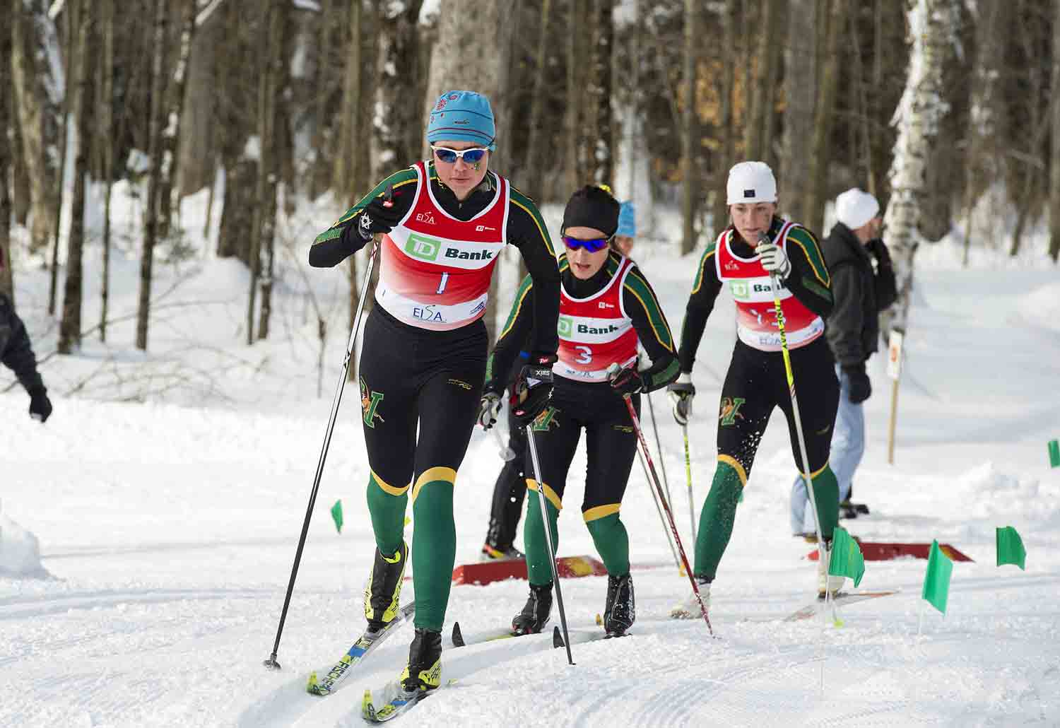 UVM ladies Patterson, Glen and Garrec en route to podium sweep at UVM Carnival. Credit: Ellen and Dennis Curran