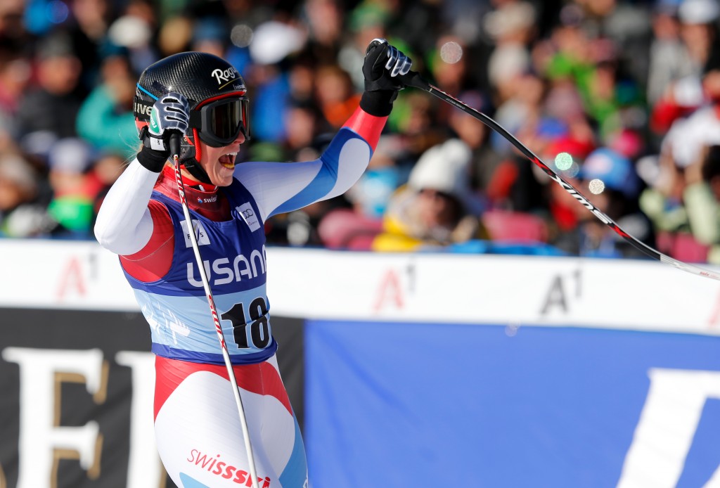 Switzerland's Lara Gut reacts after winning her third race of the season (GEPA/Wolfgang Grebien)