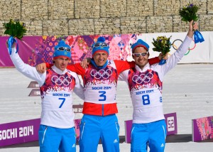 Russian skiers celebrate a sweep in the 50km. (GEPA/Ross Burton)
