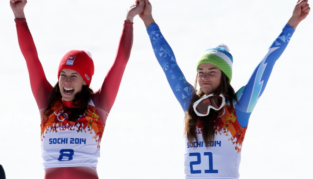 Tina Maze and Dominique Gisin share gold in Sochi downhill. (GEPA)