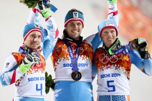 Slalom medalists Hirscher, Matt and Kristoffersen celebrated on Sunday night. (GEPA/Christian Walgram)