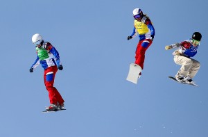 In the snowboard cross competition, from left, Nelly Moenne Loccoz and Deborah Anthonioz of France and Faye Gulini of the U.S. GEPA/ Mario Kneisl)