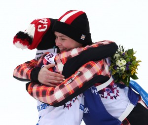 Kelsey Serwa, left, and Marielle Thompson embrace after going 1-2 for Canada in ski cross. (GEPA/Daniel Goetzhaber)