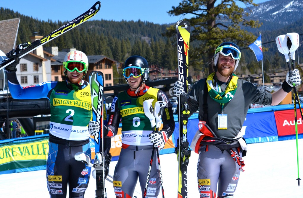 The men's slalom podium at U.S. Alpine Championships. C.J. Feehan