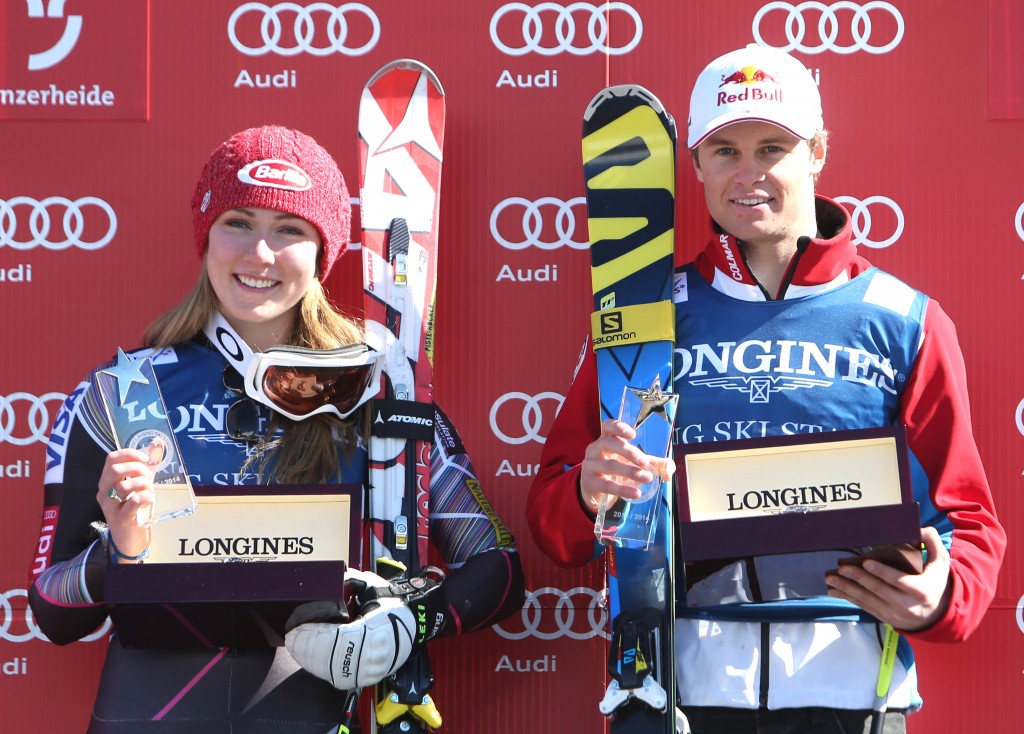 Mikaela Shiffrin and Alexis Pinturault with their awards. GEPA/Christian Walgram