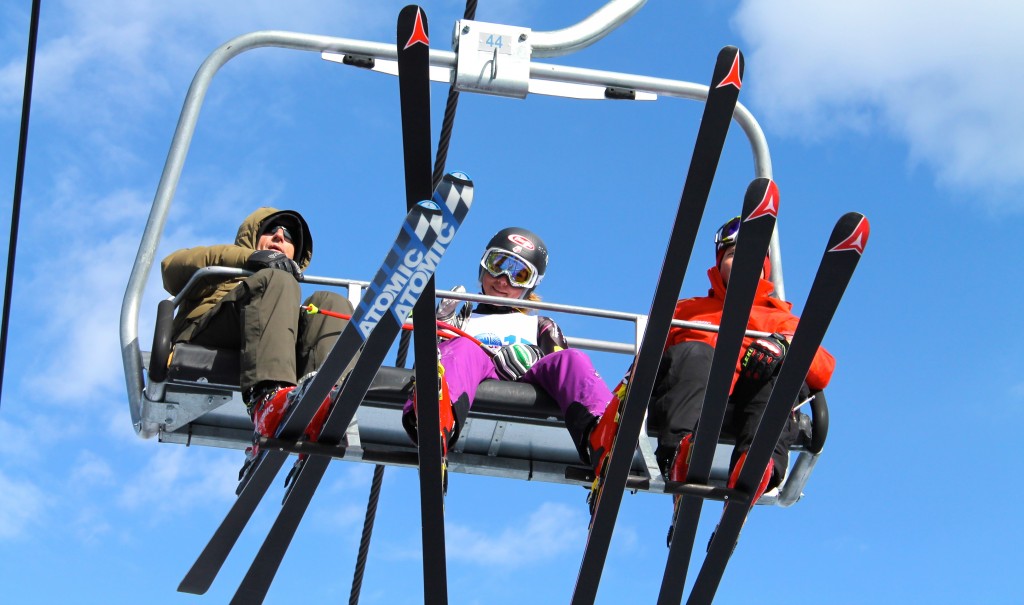 Mikaela Shiffrin rides the Birds of Prey lift while training speed on Raptor in April 2013. Ski Racing file photo/Geoff Mintz