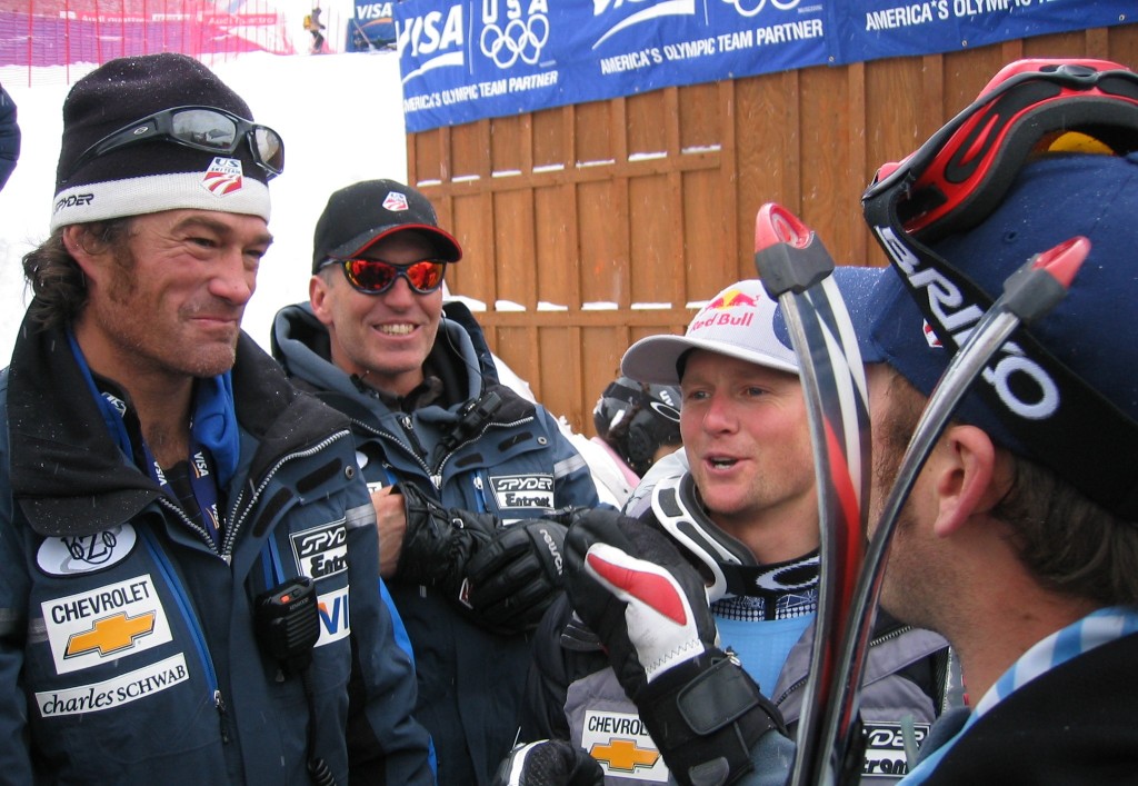 Johno McBride with Phil McNichol, Daron Rahlves and Bode Miller in 2005. USST