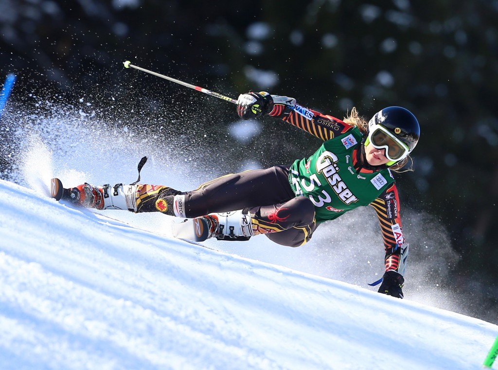 Mikaela Tommy racing in the 2013 Lienz World Cup giant slalom. GEPA/Felix Roittner