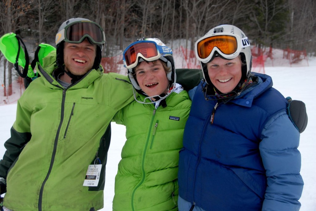 Coach Sam Coffin, GMVS's Chauncey Morgan, and Karin Rand between laps on the skiercross course.