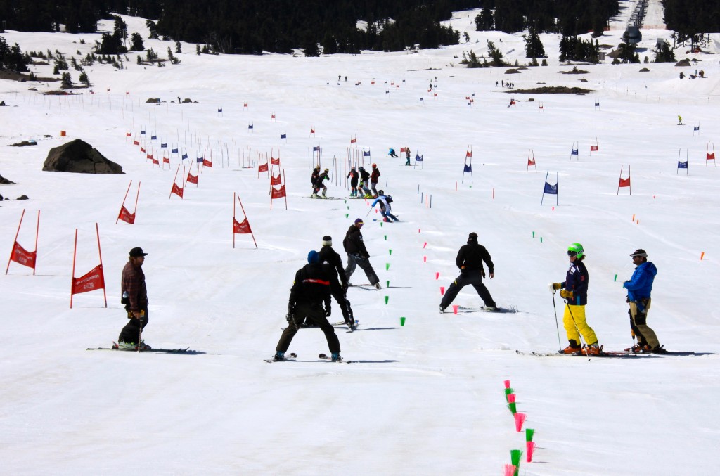 Multiple drills set up for the men's slalom camp. Lester Keller