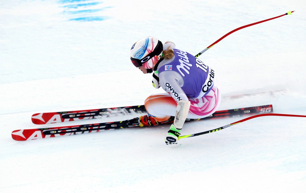 Tina Weirather racing in the 2014 Cortina World Cup super G. GEPA/Harald Steiner