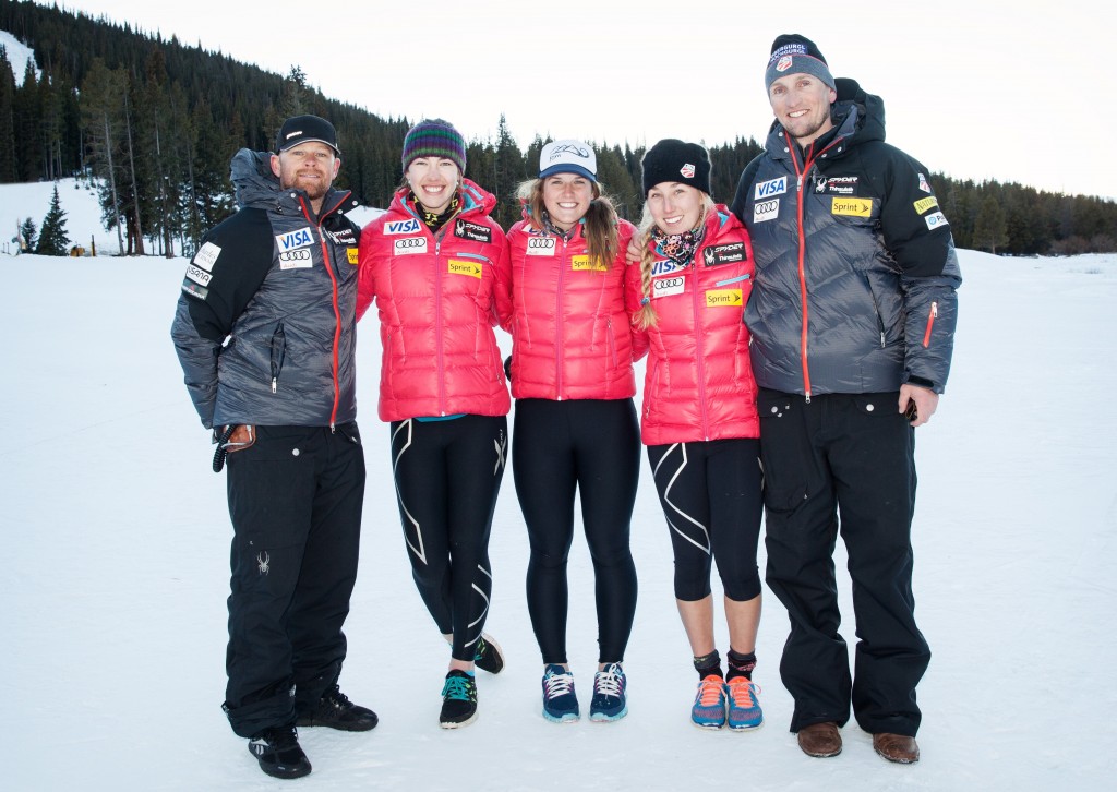 Seth McCadam (far left) poses with the U.S. Ski Team women's development squad. USSA