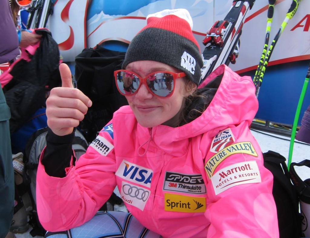 Laurenne Ross throws a thumbs up in the finish area in 2012. USST/Doug Haney