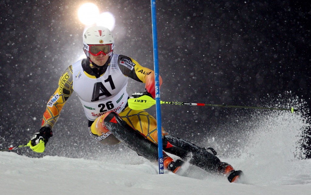 Brad Spence racing in the 2012 Schladming Night Slalom. GEPA/Wolfgang Grebien