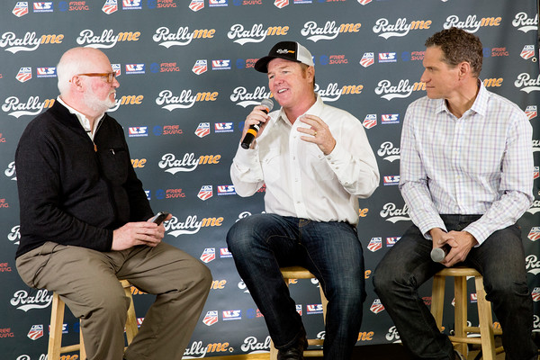 Tom Kelly chats with Bill Kerig and Luke Bodensteiner at a recent USSA and RallyMe press conference. USSA/Sarah Brunson