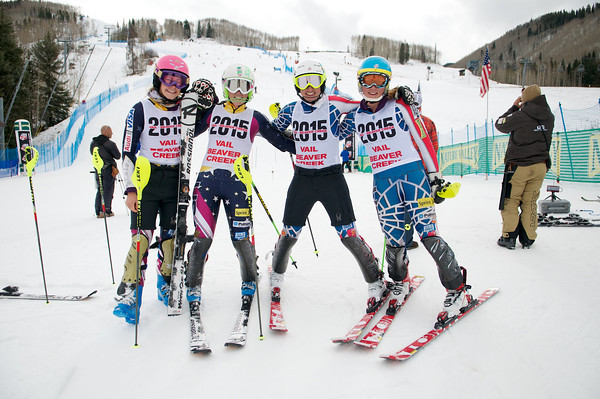 Schleper sports her Vail 2015 bib during training at Vail with Mikaela Shiffrin, Resi Stiegler, and Hailey Duke.
