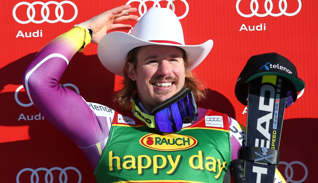Kjetil Jansrud wins his second cowboy hat of the weekend with another win on the Lake Louise track. GEPA