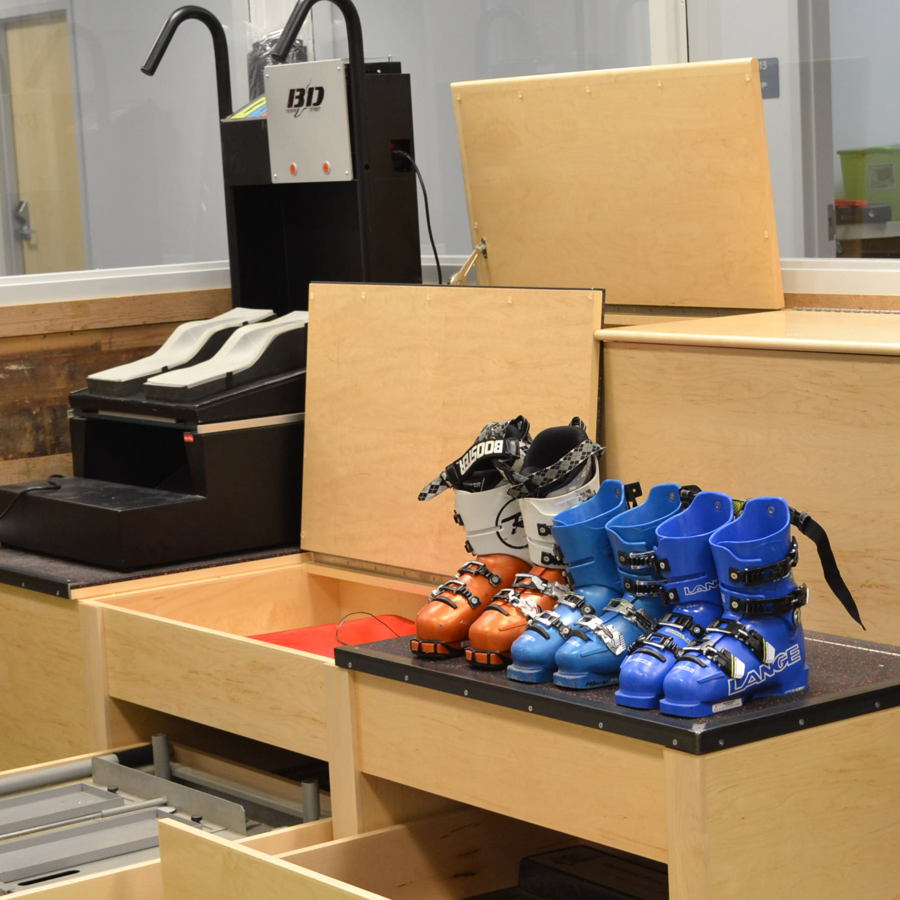 The custom bootfitting bench is a hybrid off all the best that GMVS Alpine Equipment Manager Carroll has ever seen. 