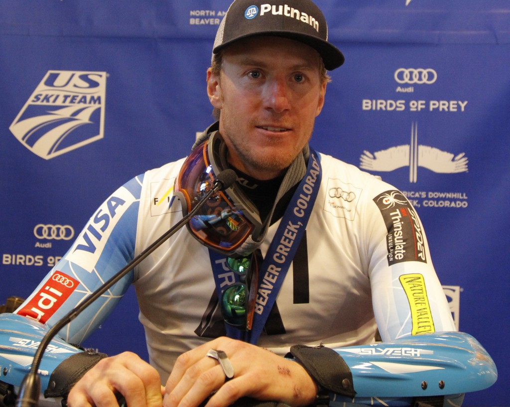 Ted Ligety with visible stitches post-race in Beaver Creek. GEPA